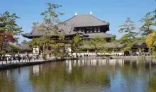 Looking across a large pond to Todaiji Temple