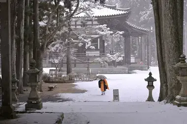 Image showing a monk in a temple in Koyasan from a distance