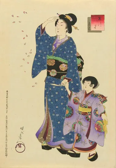 Estampe de Toyohara Chikanobu représentant une fillette en furisode et sa mère, circa 1896