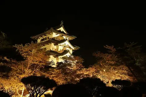 Illuminations des feuillages d'automne la nuit au parc de Hirosaki
