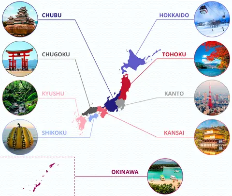 Carte des différentes régions du Japon