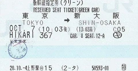 Shinkansen ticket from Tokyo Station to Shin-Osaka Station