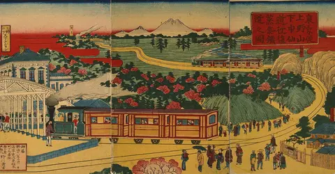 Vue des chemins de fer Ueno-Nakasendo depuis la gare d'Ueno, par Tsukemichi Nogawa (1885)