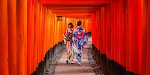Les femmes en kimonos traditionnels japonais marchant à Fushimi Inari à Kyoto, au Japon