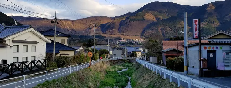 Yufuin town with hills in the background