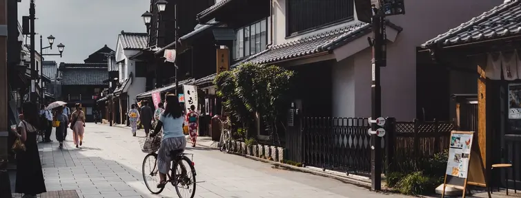 Traditional looking street in Kawagoe, with clock tower in the background
